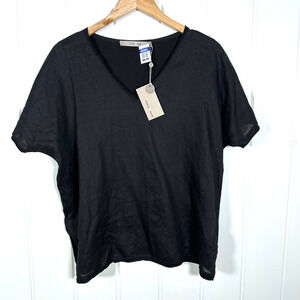 Costamani Denmark Top Womens Small Black Linen Front, Knit Back V‎ Neck